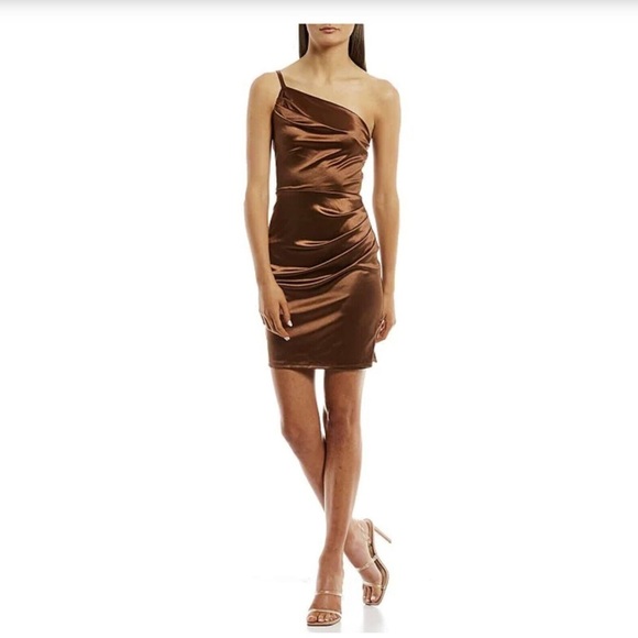 City Life- brown satin slit short dress, size 0. (One shoulder) - Picture 2 of 7